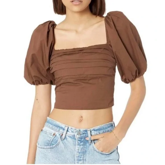 Abercrombie & Fitch Chocolate Brown Emerson Square Neck Crop Top Puff Sleeve Y2K - Picture 1 of 12